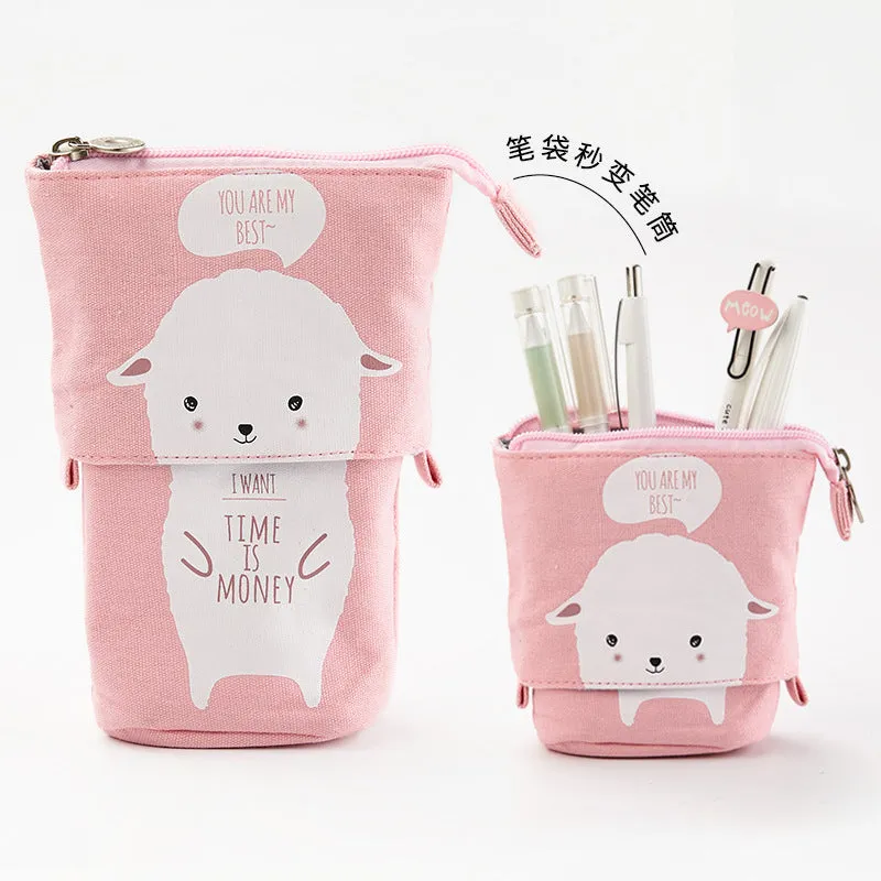 Round Korean-style canvas pencil bag with cartoon pattern in multiple colour options