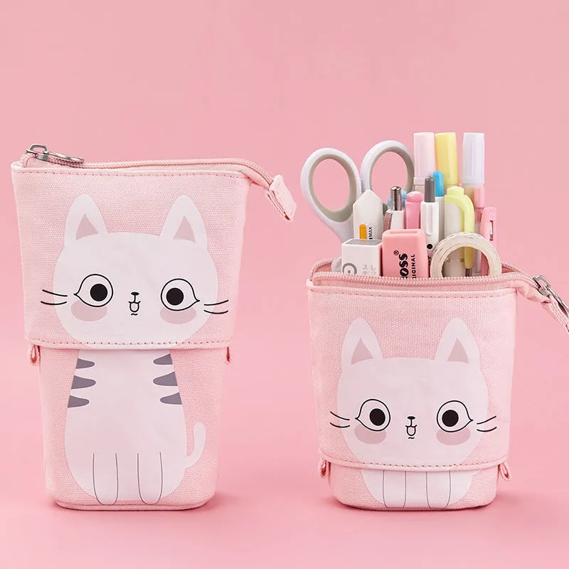 Round Korean-style canvas pencil bag with cartoon pattern in multiple colour options