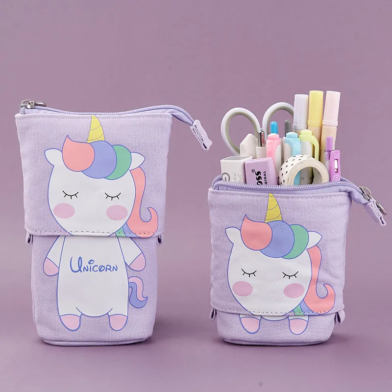 Round Korean-style canvas pencil bag with cartoon pattern in multiple colour options