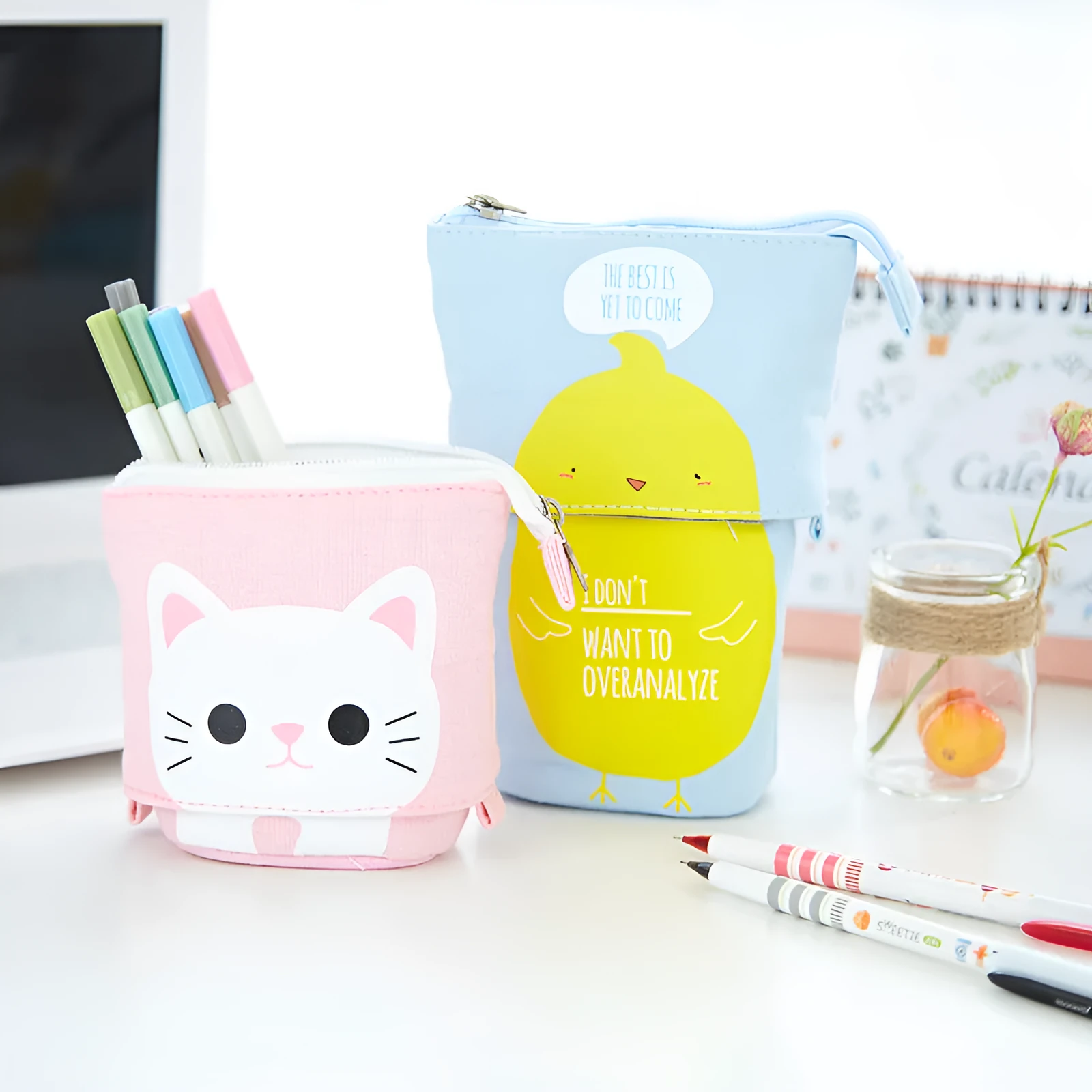 Round Korean-style canvas pencil bag with cartoon pattern in multiple colour options