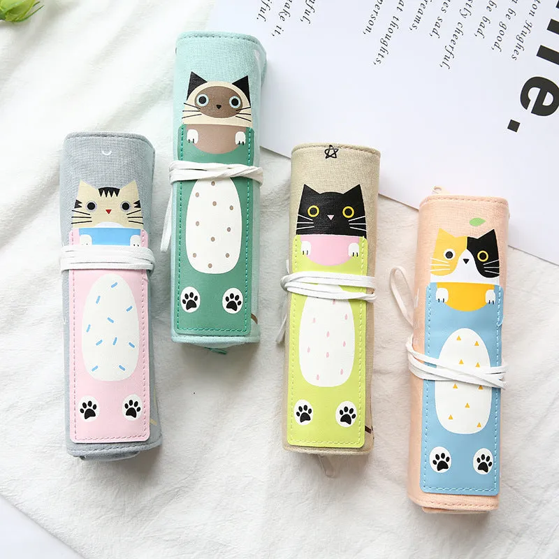 Korean cartoon cat design pencil case in four colour options for student stationery
