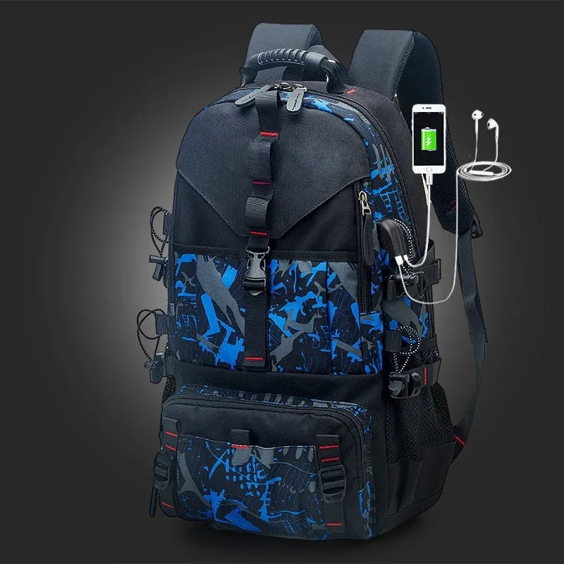 Men's large waterproof Oxford cloth hiking backpack in camouflage colour with chest bag.