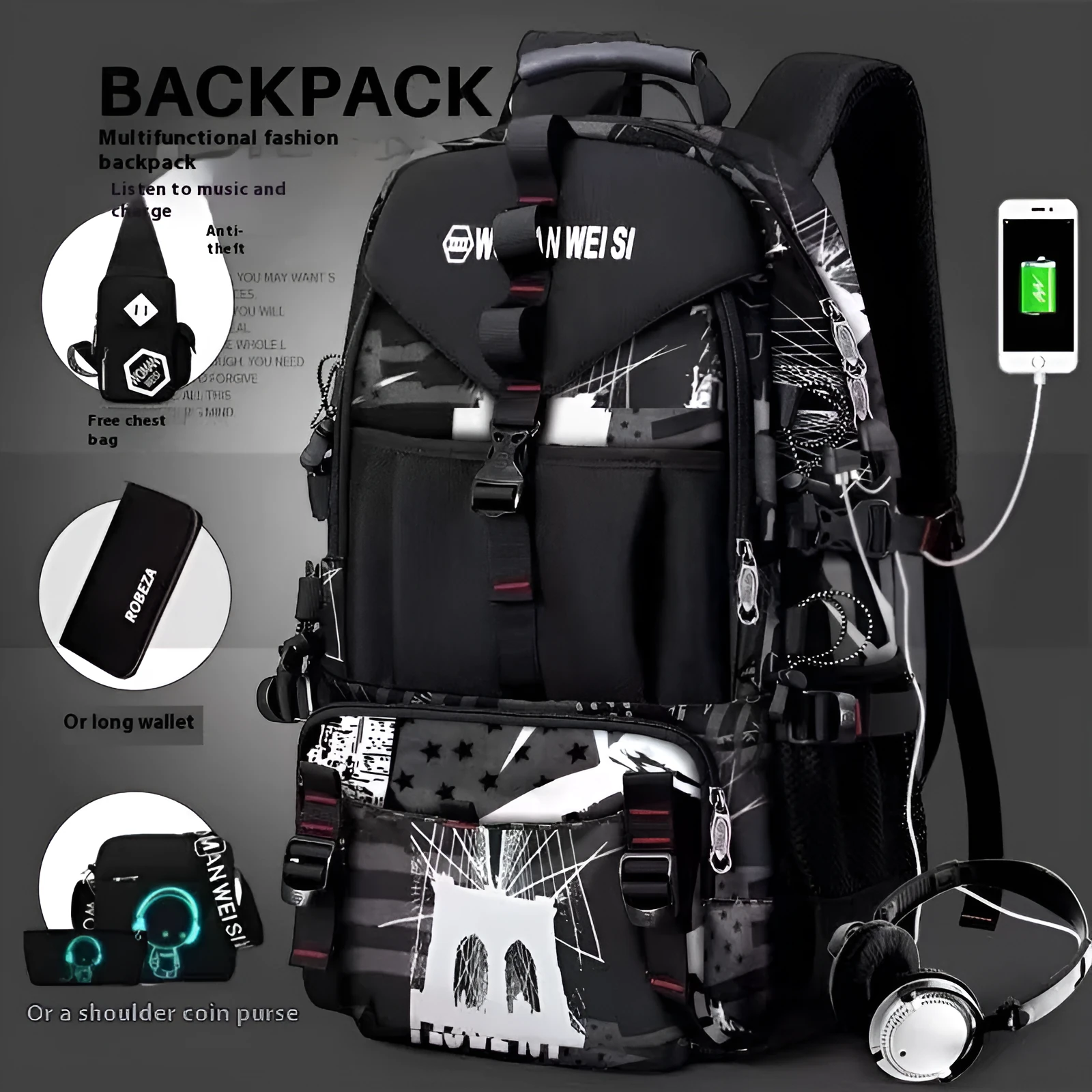 Men's large waterproof Oxford cloth hiking backpack in camouflage colour with chest bag.