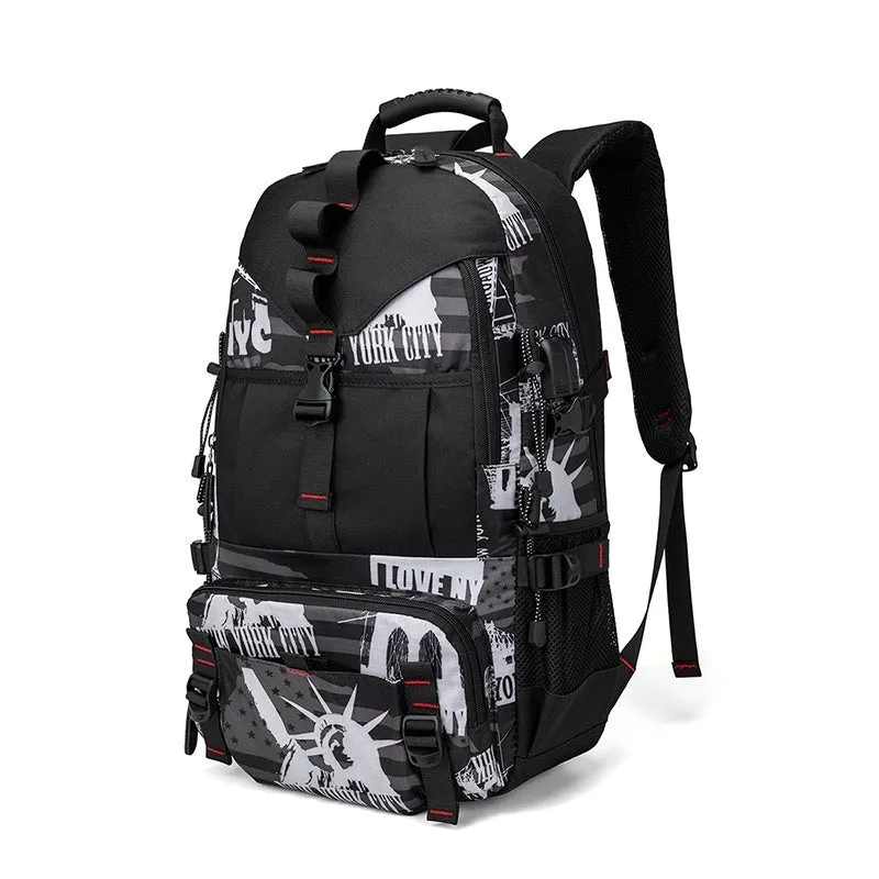 Men's large waterproof Oxford cloth hiking backpack in camouflage colour with chest bag.