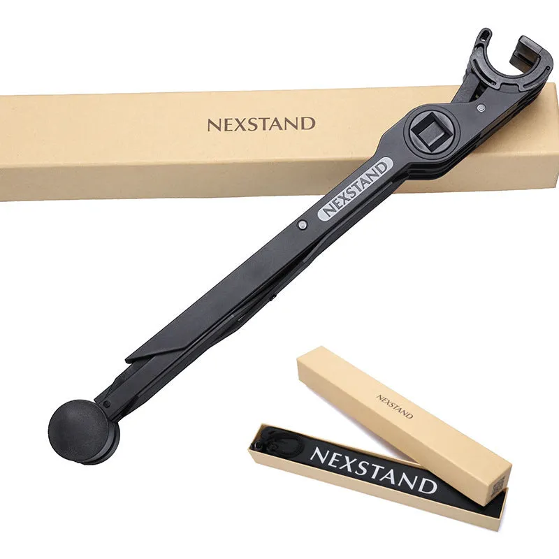 Black foldable laptop stand with height adjustment and protective nylon carrying case