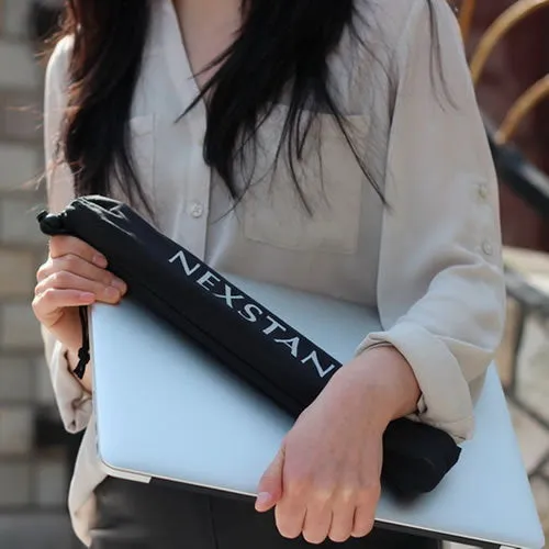 Black foldable laptop stand with height adjustment and protective nylon carrying case