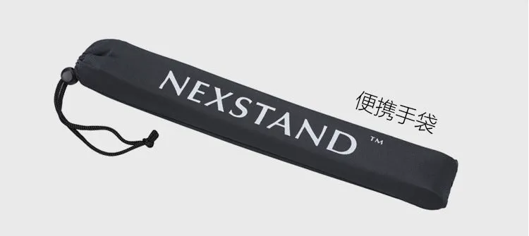 Black foldable laptop stand with height adjustment and protective nylon carrying case