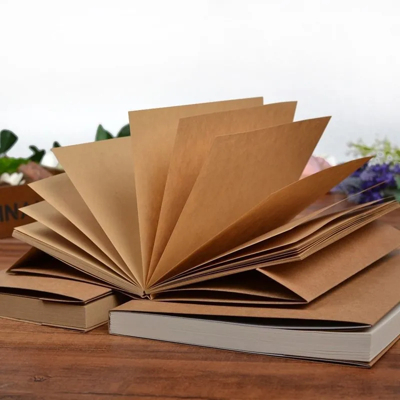 Brown kraft paper sketchbook open to show lay-flat wireless binding and drawing on inner pages.