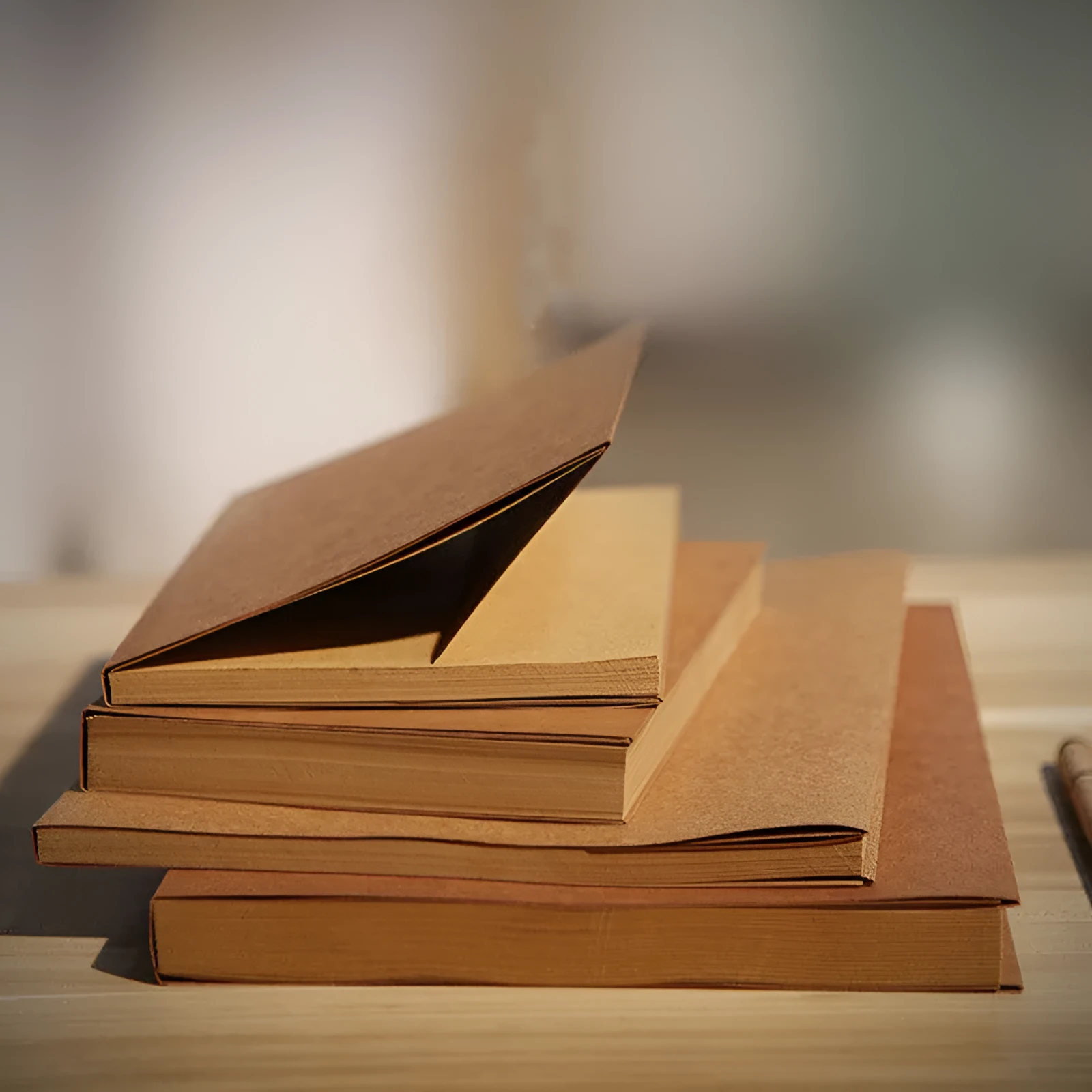 Brown kraft paper sketchbook open to show lay-flat wireless binding and drawing on inner pages.