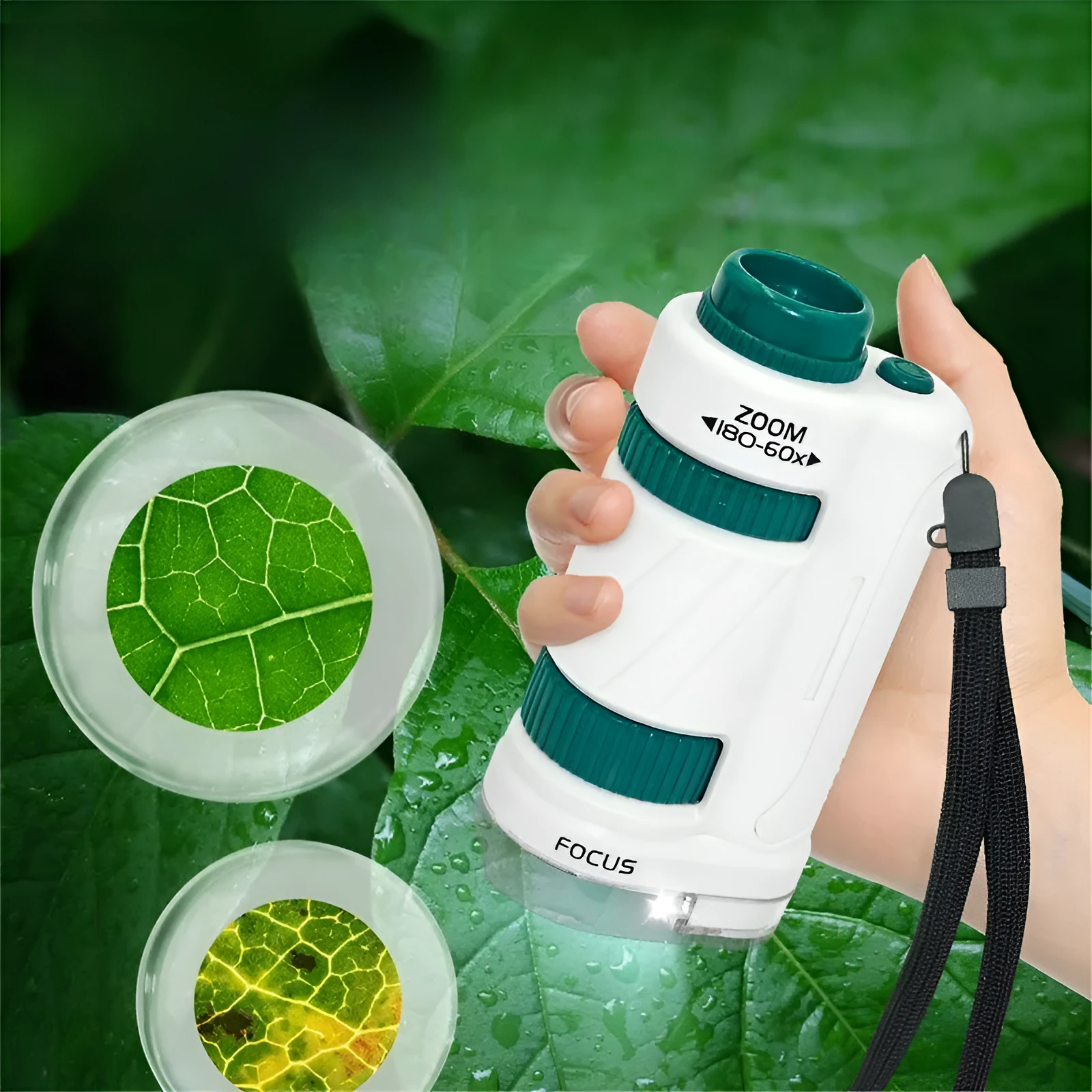 Portable plastic microscope with specimen slides in white-green colour scheme