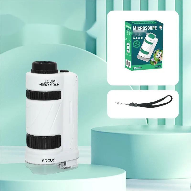 Portable plastic microscope with specimen slides in white-green colour scheme