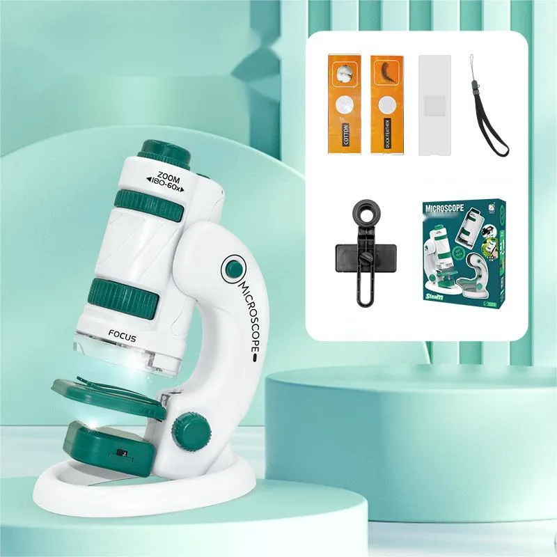 Portable plastic microscope with specimen slides in white-green colour scheme