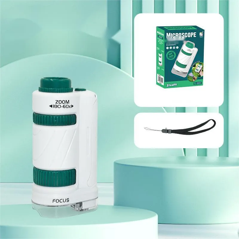 Portable plastic microscope with specimen slides in white-green colour scheme