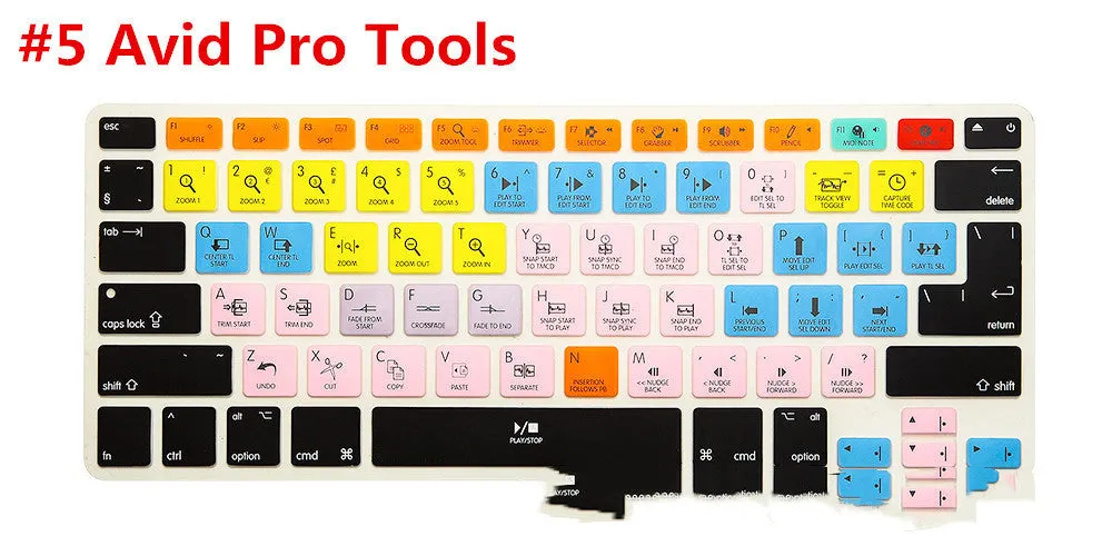 Silicone keyboard shortcut overlay film for MacBook Pro and Air, showing software hotkeys for music and video editing programs.