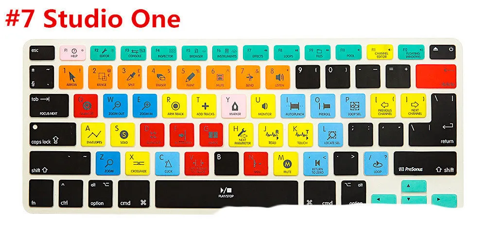 Silicone keyboard shortcut overlay film for MacBook Pro and Air, showing software hotkeys for music and video editing programs.