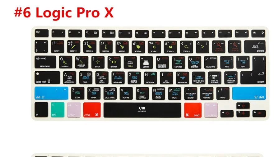 Silicone keyboard shortcut overlay film for MacBook Pro and Air, showing software hotkeys for music and video editing programs.
