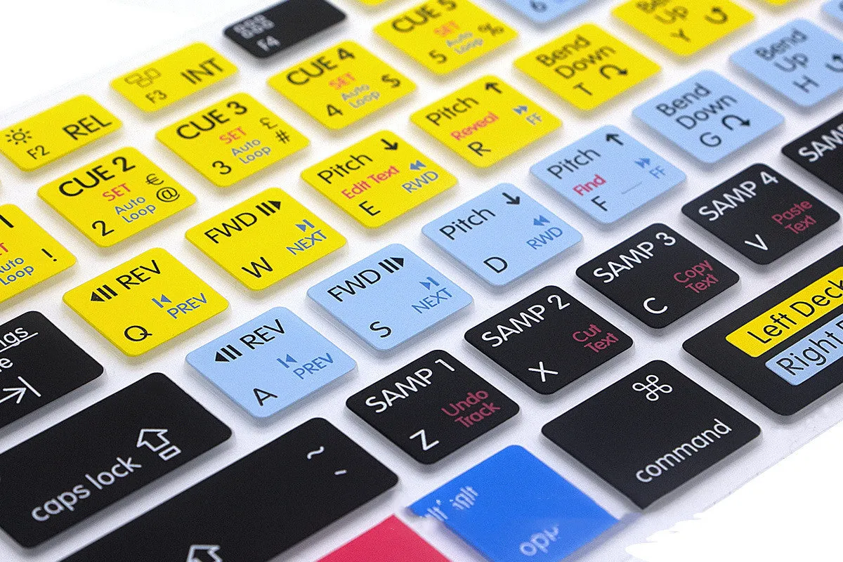 Silicone keyboard shortcut overlay film for MacBook Pro and Air, showing software hotkeys for music and video editing programs.
