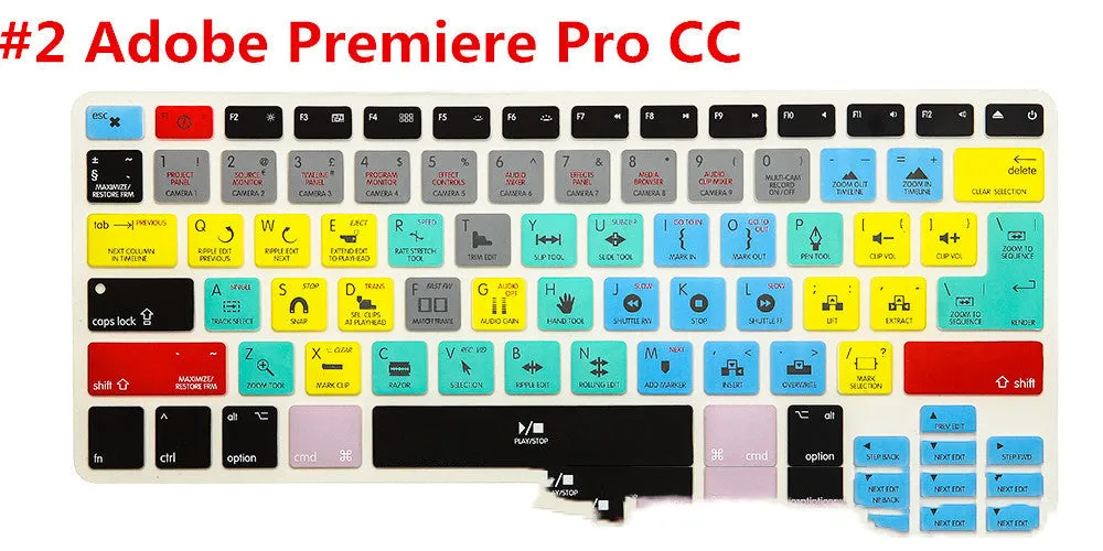 Silicone keyboard shortcut overlay film for MacBook Pro and Air, showing software hotkeys for music and video editing programs.