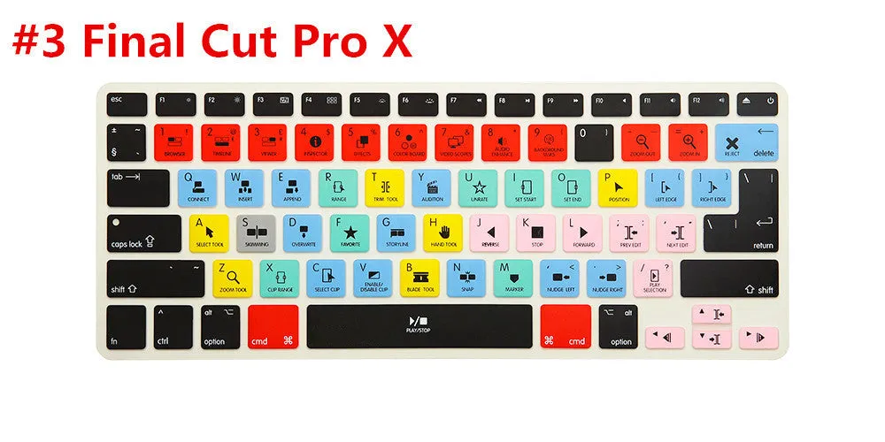 Silicone keyboard shortcut overlay film for MacBook Pro and Air, showing software hotkeys for music and video editing programs.