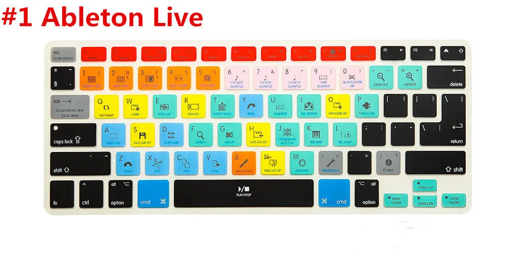 Silicone keyboard shortcut overlay film for MacBook Pro and Air, showing software hotkeys for music and video editing programs.