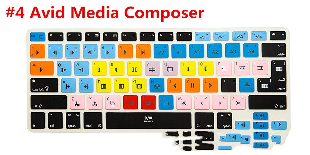 Silicone keyboard shortcut overlay film for MacBook Pro and Air, showing software hotkeys for music and video editing programs.