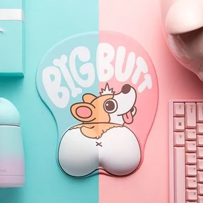 3D corgi design mouse pad with wrist support cushion showing blue colour option on desktop