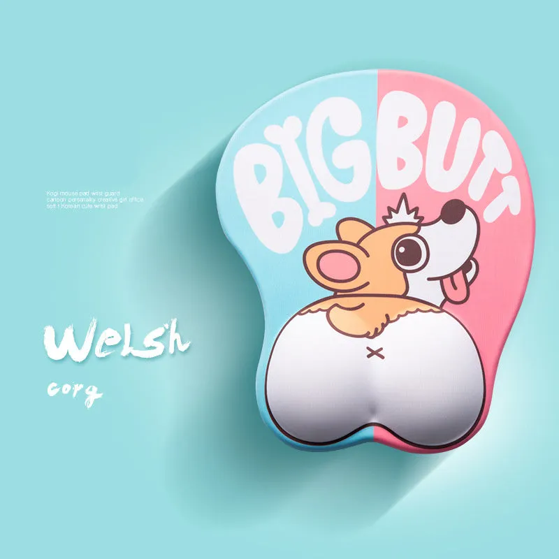 3D corgi design mouse pad with wrist support cushion showing blue colour option on desktop