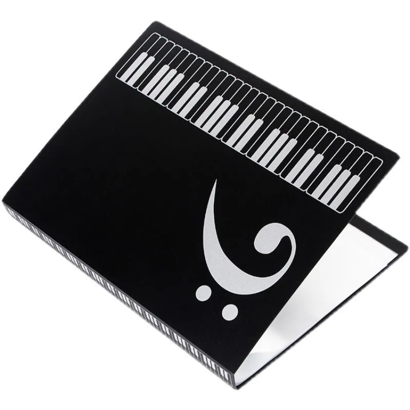 A4 black piano music folder with transparent plastic inserts for holding sheet music.