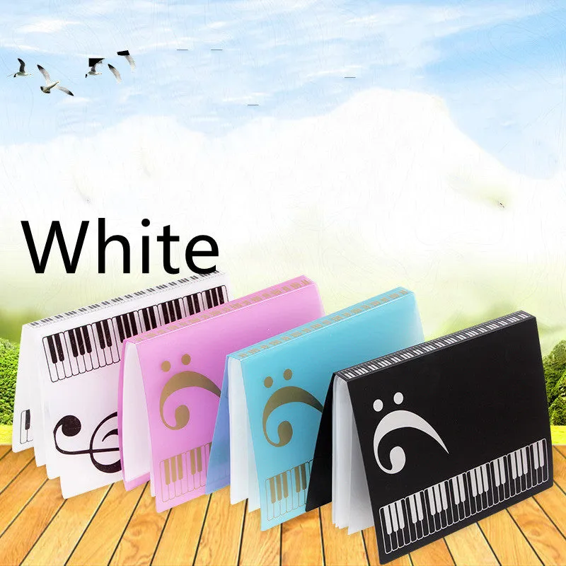 A4 black piano music folder with transparent plastic inserts for holding sheet music.