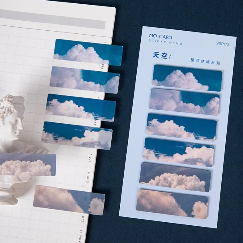 Pack of 90 PET marker Post-It notes in six celestial colours: sky, moon, sea, fire, dusk, and forest.