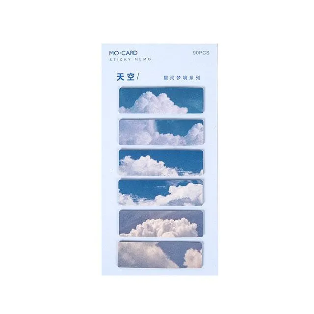 Pack of 90 PET marker Post-It notes in six celestial colours: sky, moon, sea, fire, dusk, and forest.