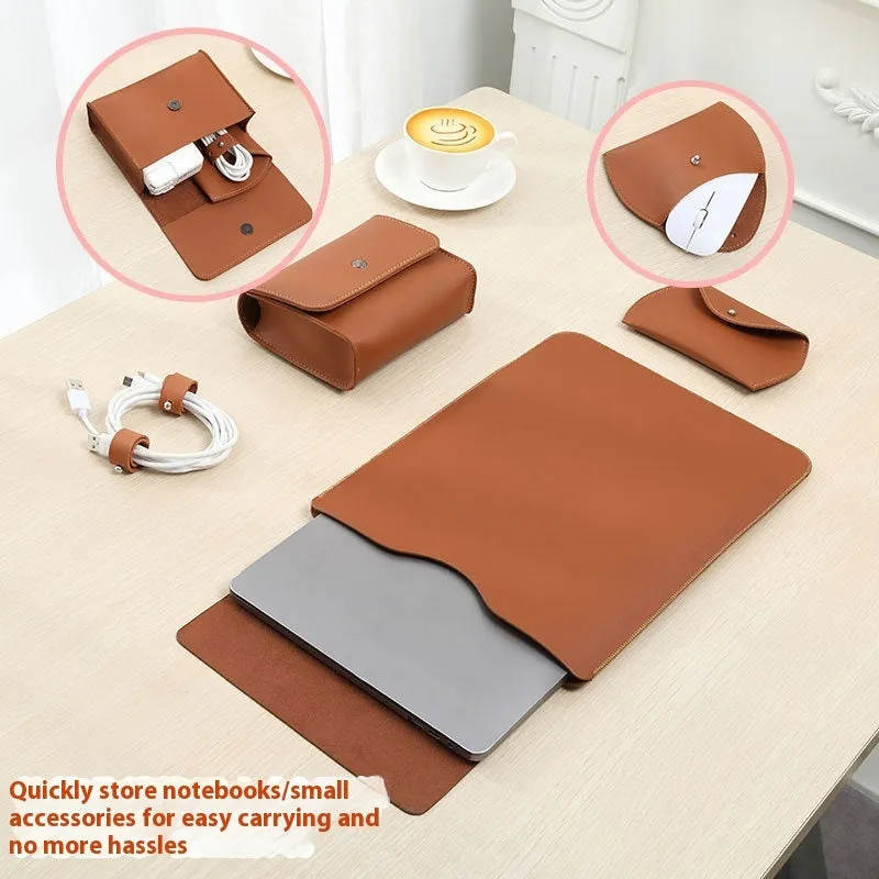 Four-piece brown imitation leather edge protection strips for a MacBook laptop.