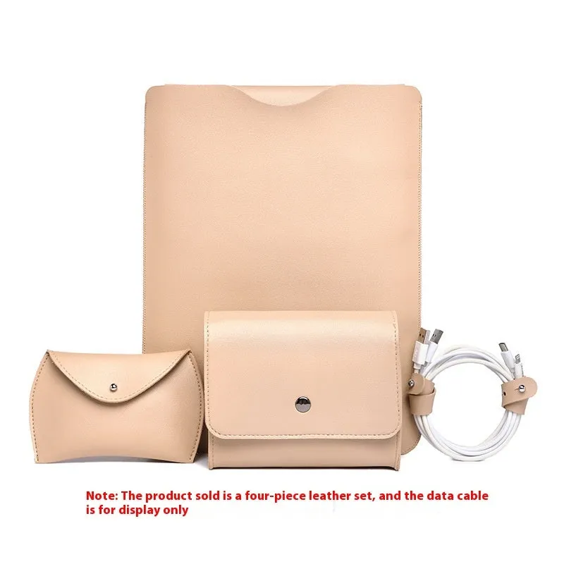 Four-piece brown imitation leather edge protection strips for a MacBook laptop.