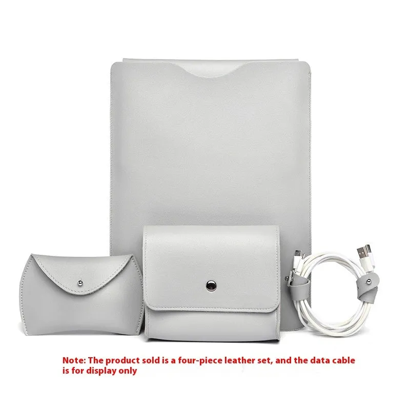 Four-piece brown imitation leather edge protection strips for a MacBook laptop.