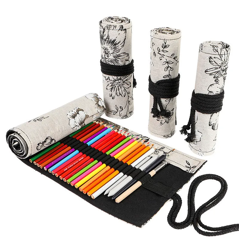 Black Peony printed canvas pencil roll bag open to show 24 or 72 holes for pencils on cotton hemp fabric.