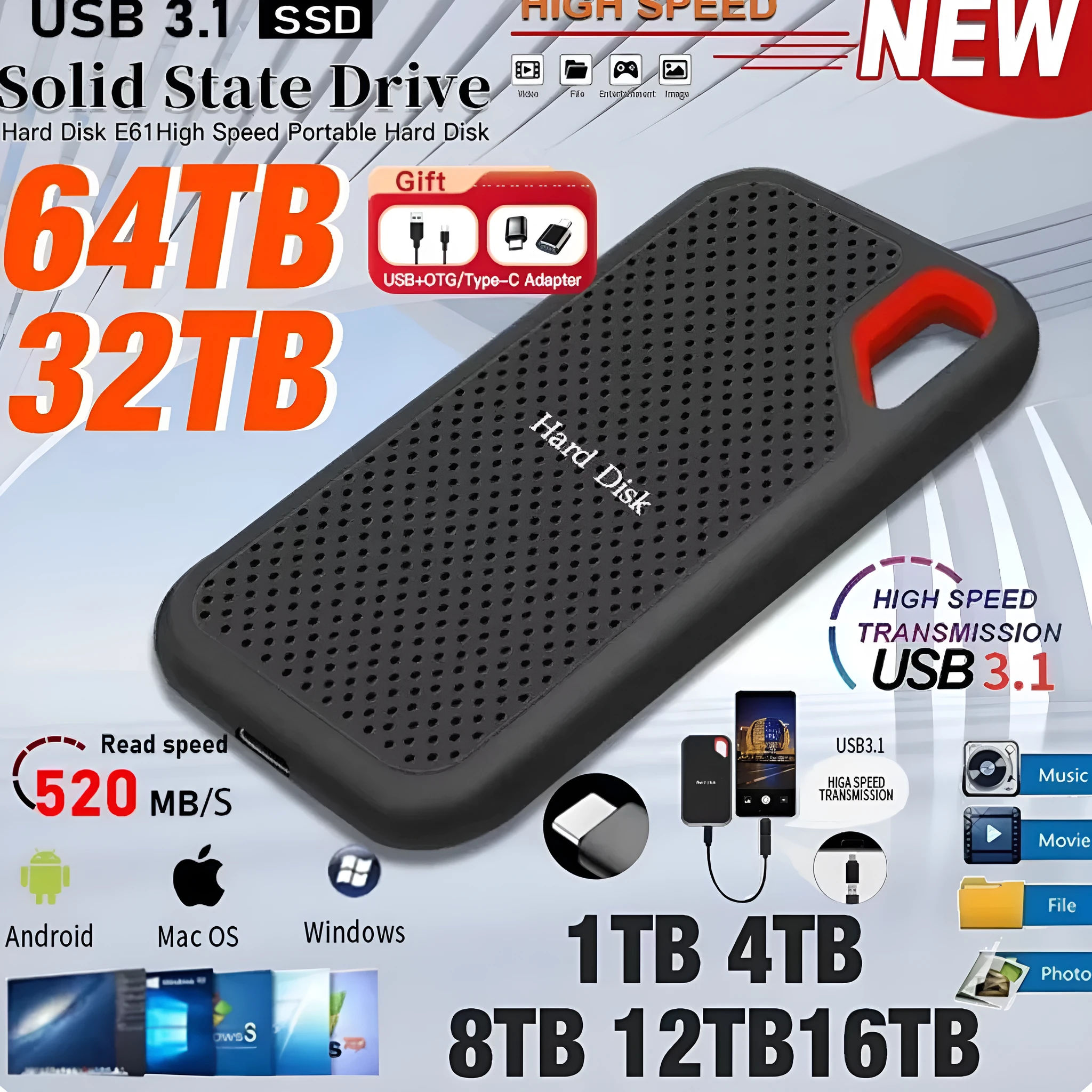 Black mobile SSD external hard drive with Type-C 3.1 interface