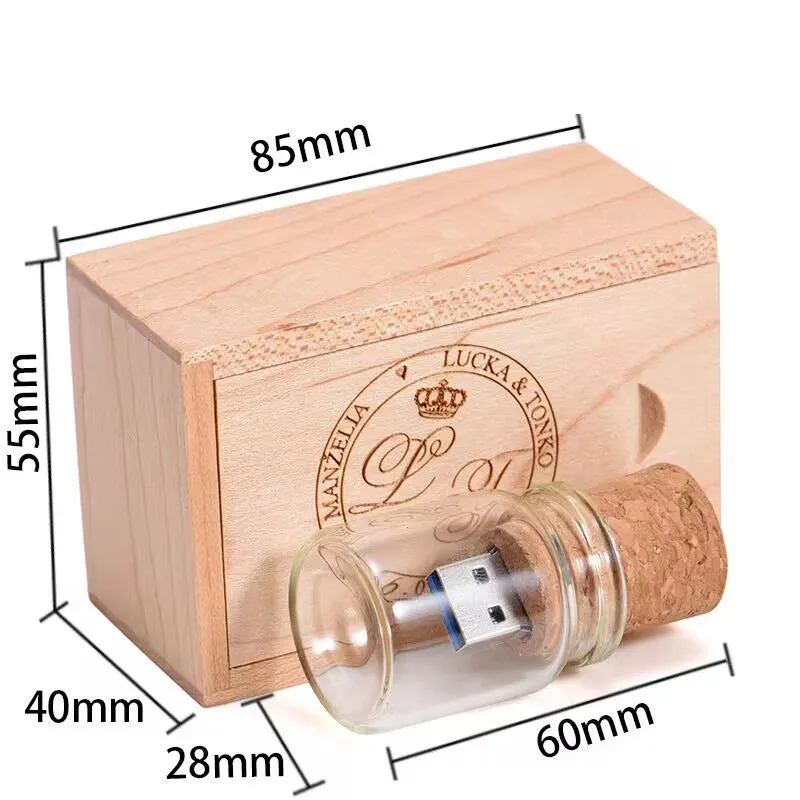 Transparent wooden drift bottle USB flash drive on a white background.