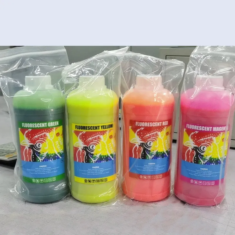 Fluorescent sublimation ink cartridge for PET film printing in green, orange, red, or yellow.