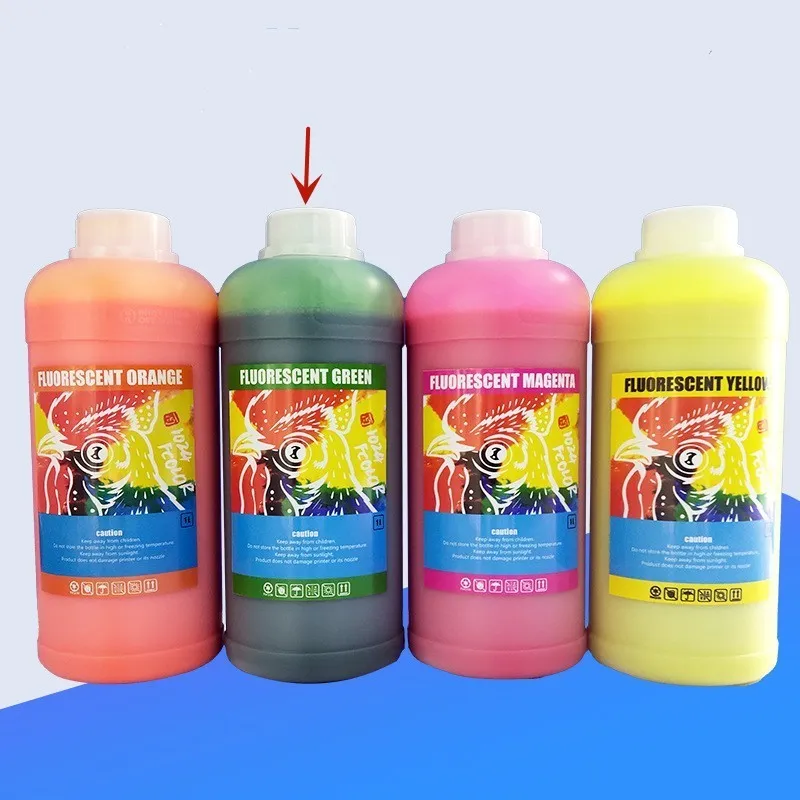 Fluorescent sublimation ink cartridge for PET film printing in green, orange, red, or yellow.