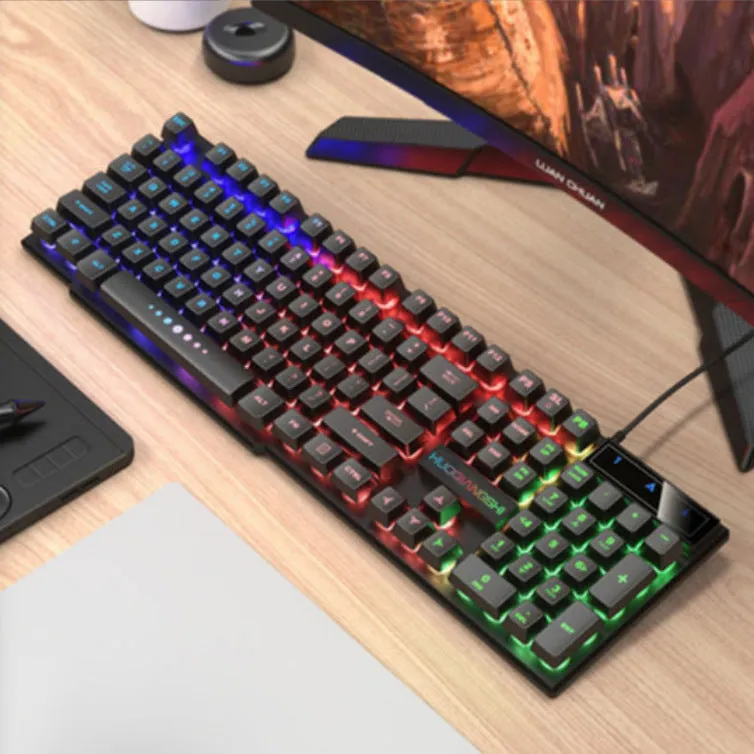 Mechanical feeling computer keyboard with colour options including white, rainbow and luminous character variants