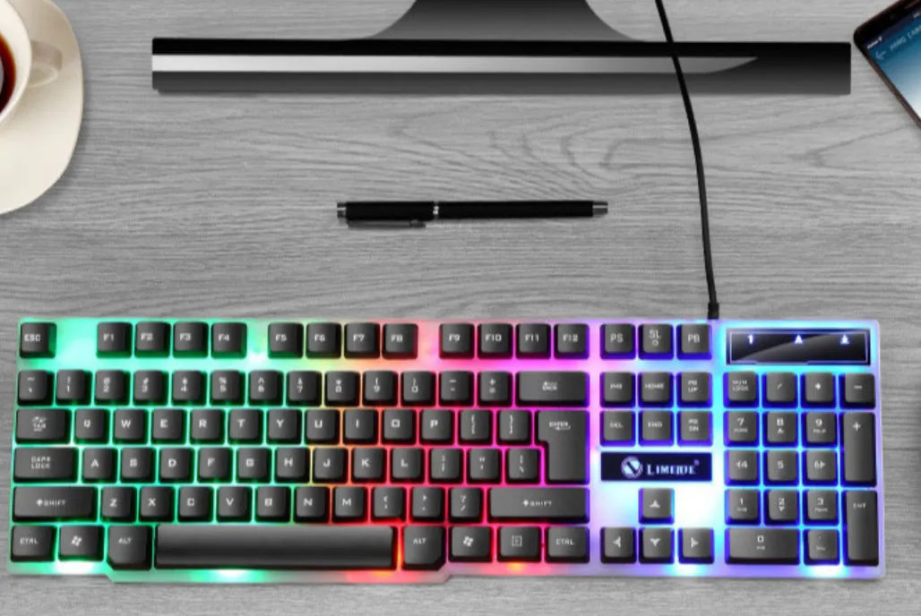 Mechanical feeling computer keyboard with colour options including white, rainbow and luminous character variants