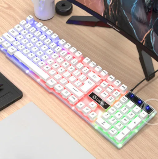 Mechanical feeling computer keyboard with colour options including white, rainbow and luminous character variants