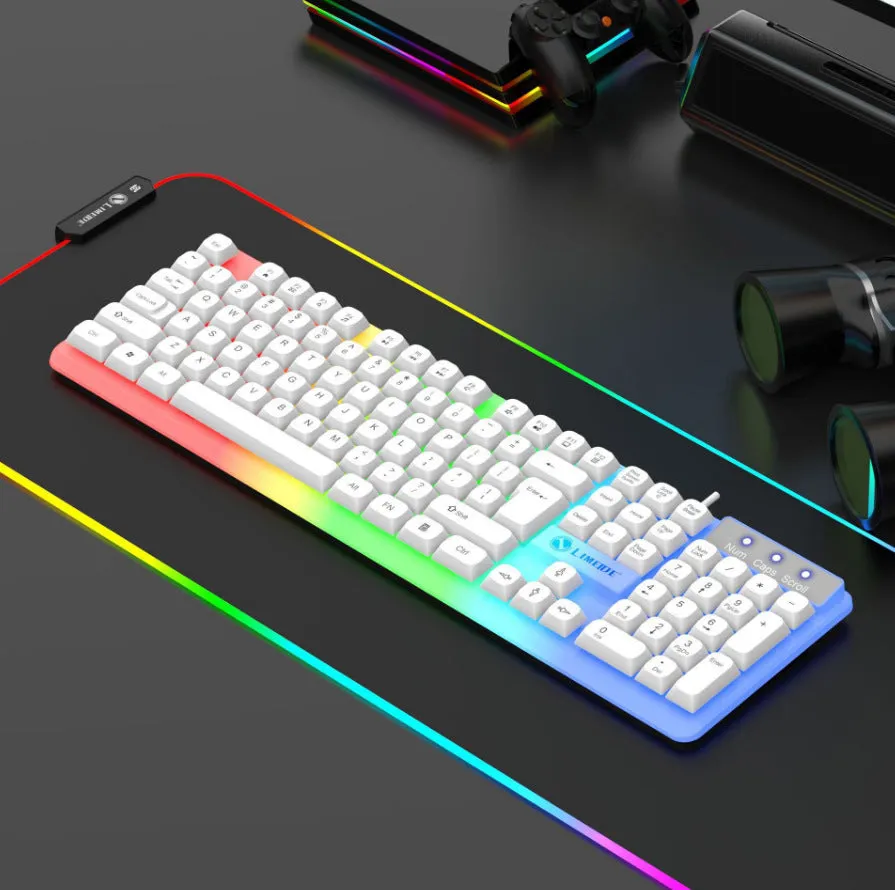 Mechanical feeling computer keyboard with colour options including white, rainbow and luminous character variants