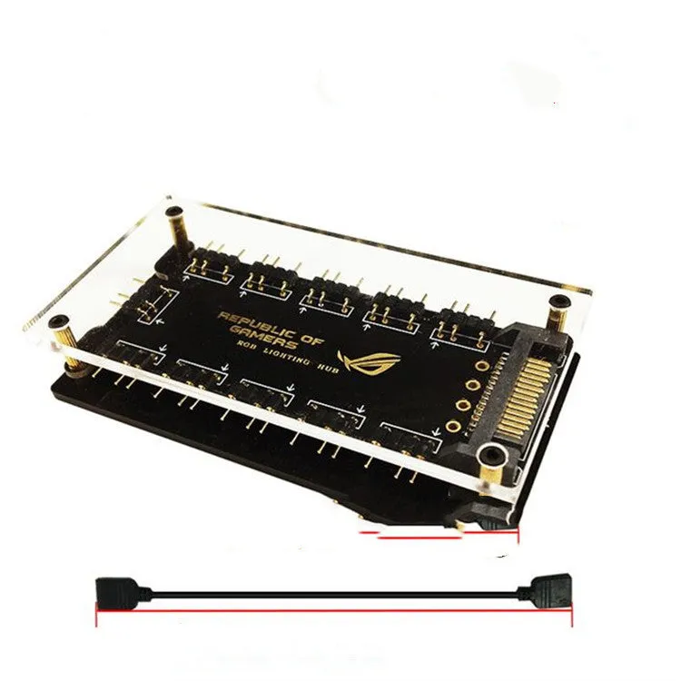 Black AURA RGB hub with ten ports and SATA power connection for PC lighting control
