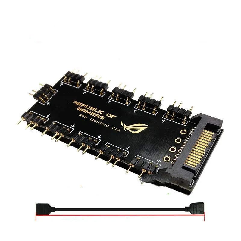 Black AURA RGB hub with ten ports and SATA power connection for PC lighting control