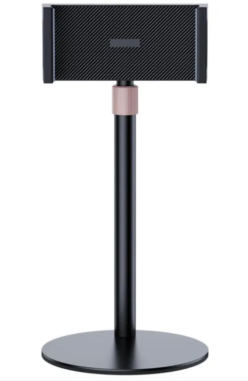 Black adjustable desk bracket holding a tablet, showing its telescopic metal arm extended.