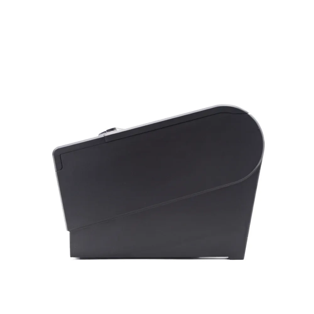 80mm thermal receipt printer with compact 215x205x160mm dimensions showing connectivity ports