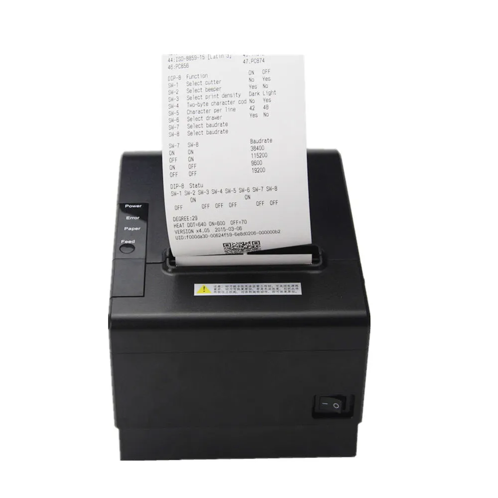 80mm thermal receipt printer with compact 215x205x160mm dimensions showing connectivity ports