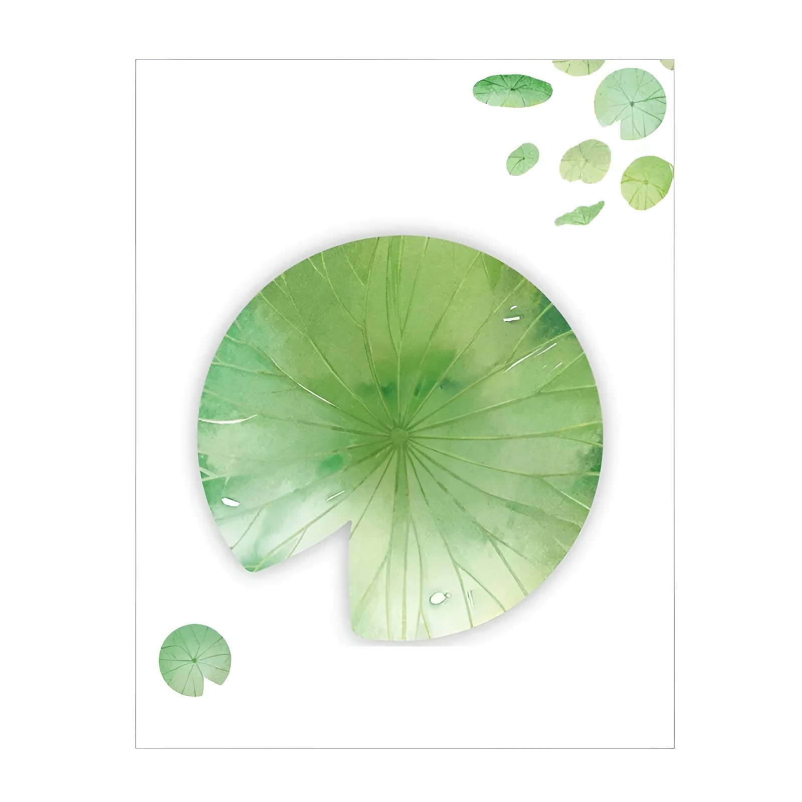 A pad of sticky notes with eight different illustrated leaf designs, including Water Lily and Maple Leaf motifs.