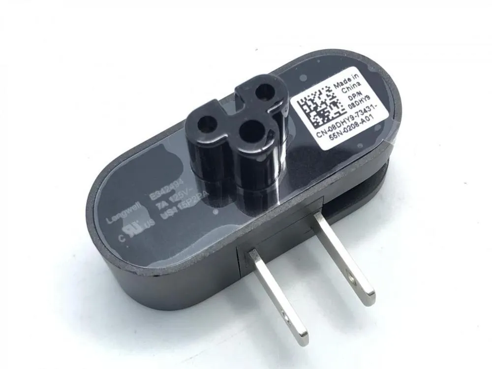 Black folding notebook power plug showing straight and 90-degree angle configurations